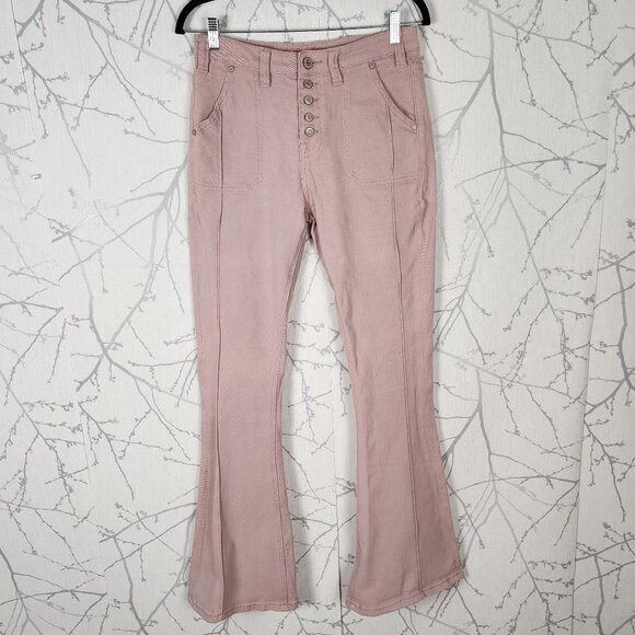 Rock & Roll Cowgirl Pastel Pink Stretch Denim High Rise Flare Jeans - Picture 1 of 7